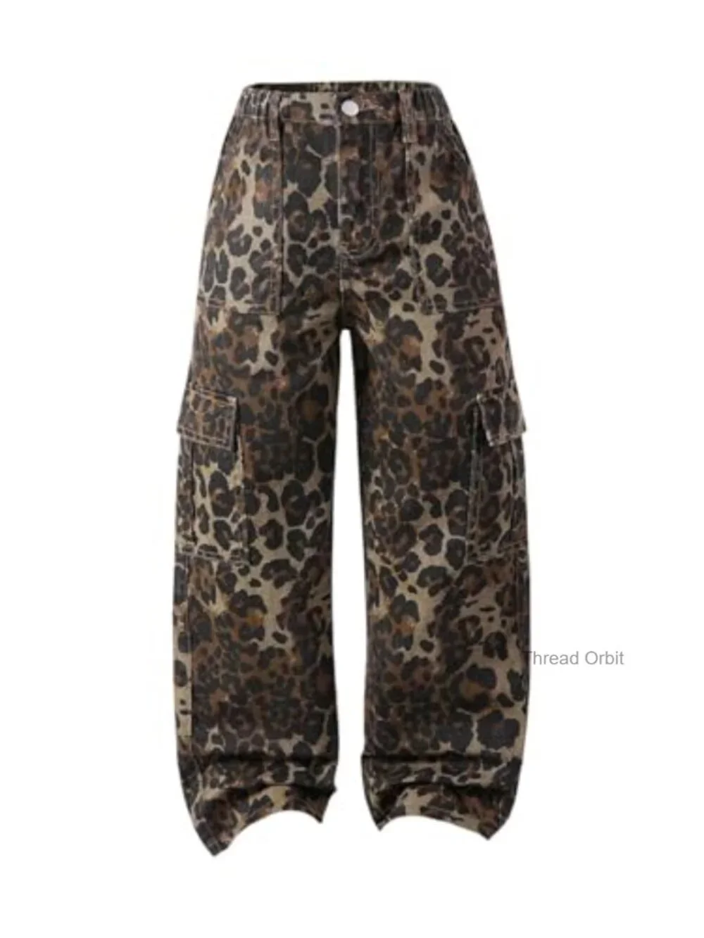 Leopard Print Cargo Pants Straight Wide Leg Denim Jeans with Pockets
